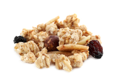 Image of Heap of tasty crispy granola on white background