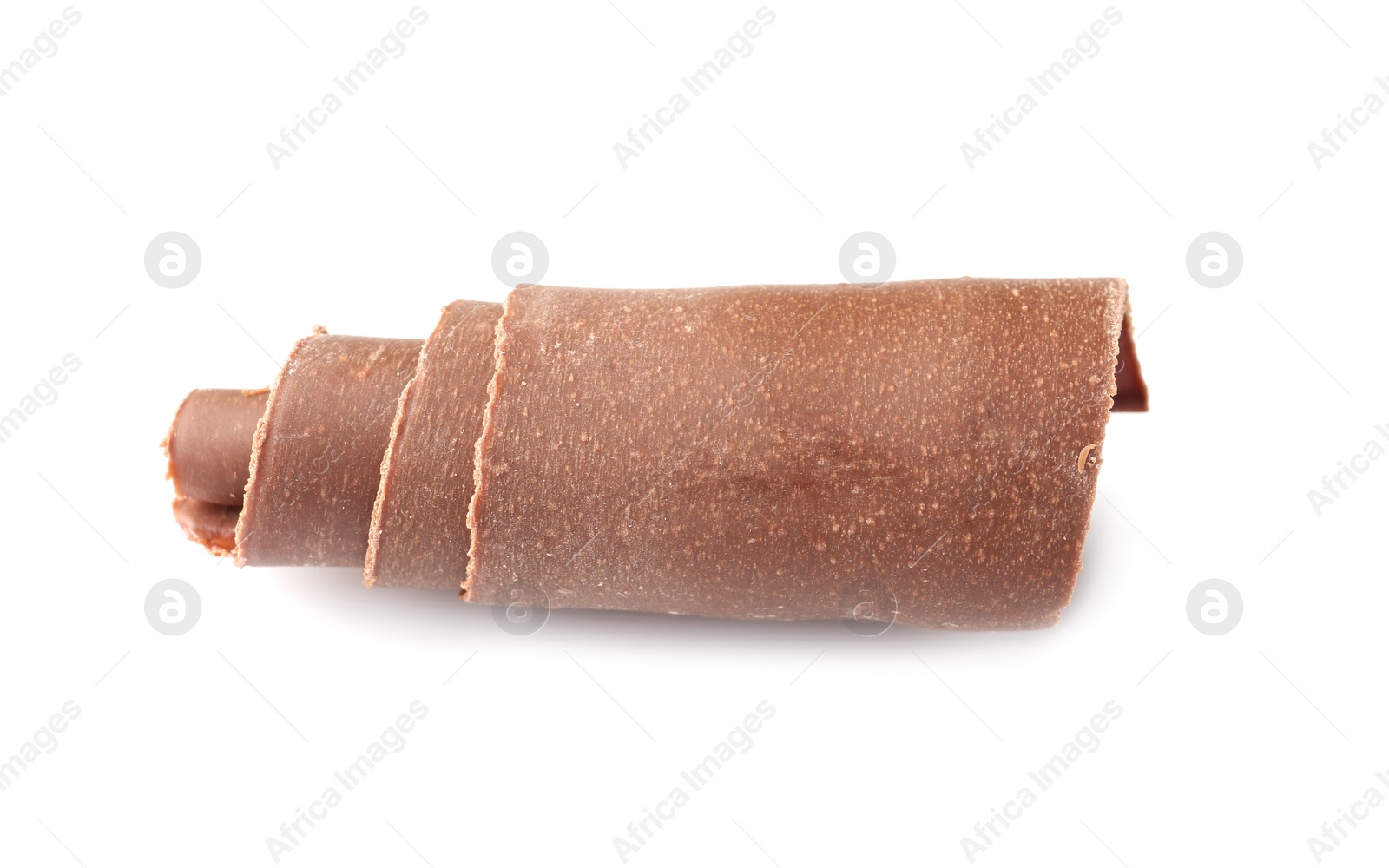 Photo of Curl of tasty chocolate on white background