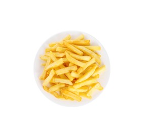 Plate with delicious french fries on white background, top view