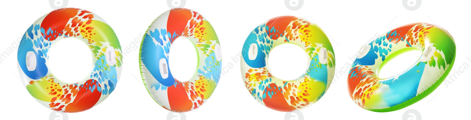 Image of Set with bright inflatable rings on white background, banner design