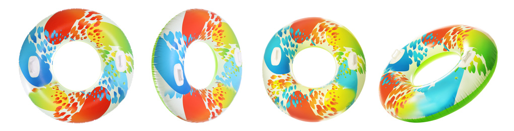 Set with bright inflatable rings on white background, banner design