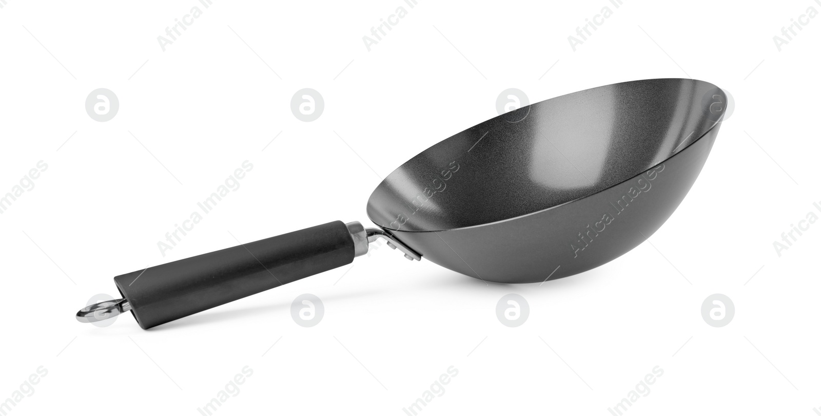 Photo of One empty metal wok isolated on white