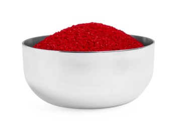 Bowl with red food coloring isolated on white
