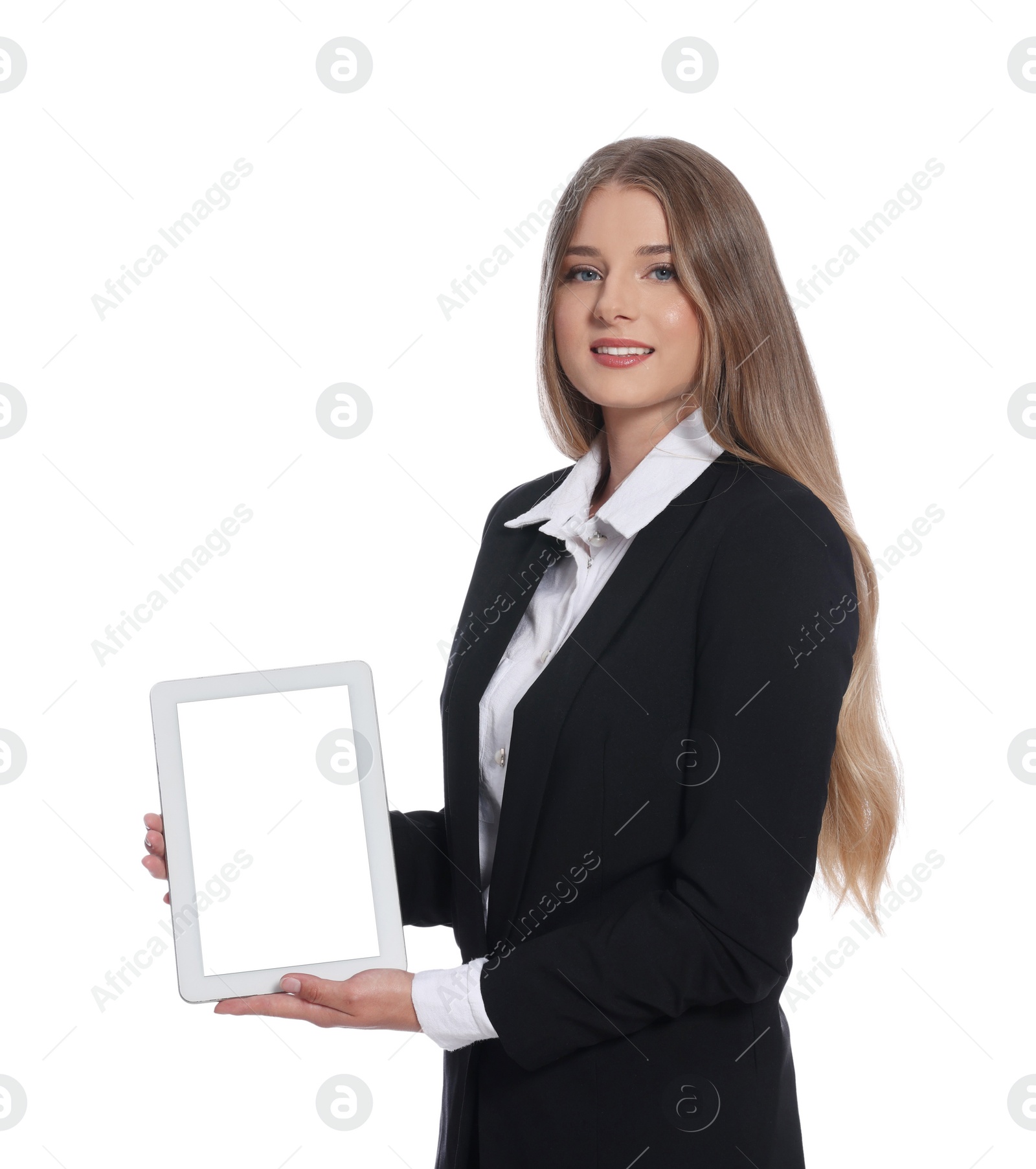 Photo of Portrait of young hostess in uniform on white background