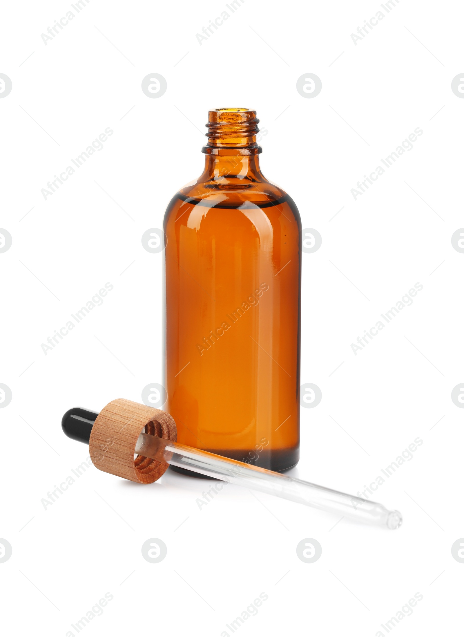 Photo of Glass bottle and pipette with tincture isolated on white