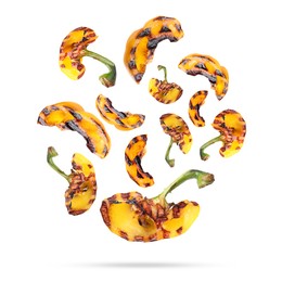 Image of Slices of grilled bell peppers in air on white background