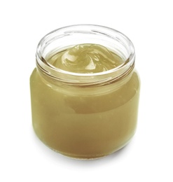 Photo of Jar with hemp lotion on white background