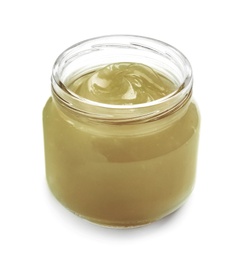 Jar with hemp lotion on white background