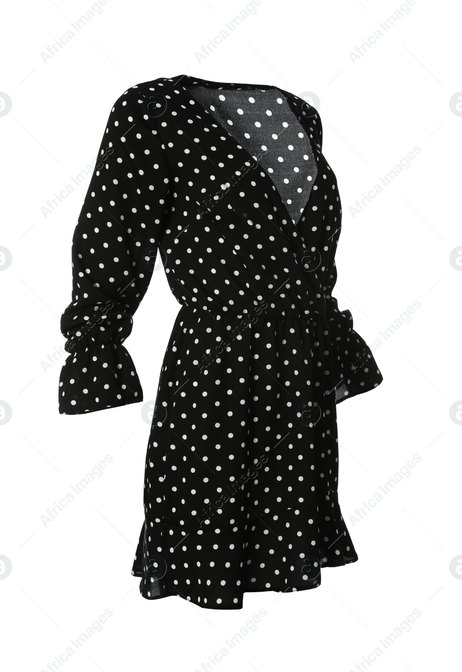 Photo of Beautiful short black polka dot dress on white background