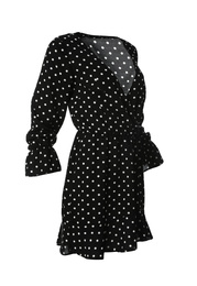 Photo of Beautiful short black polka dot dress on white background