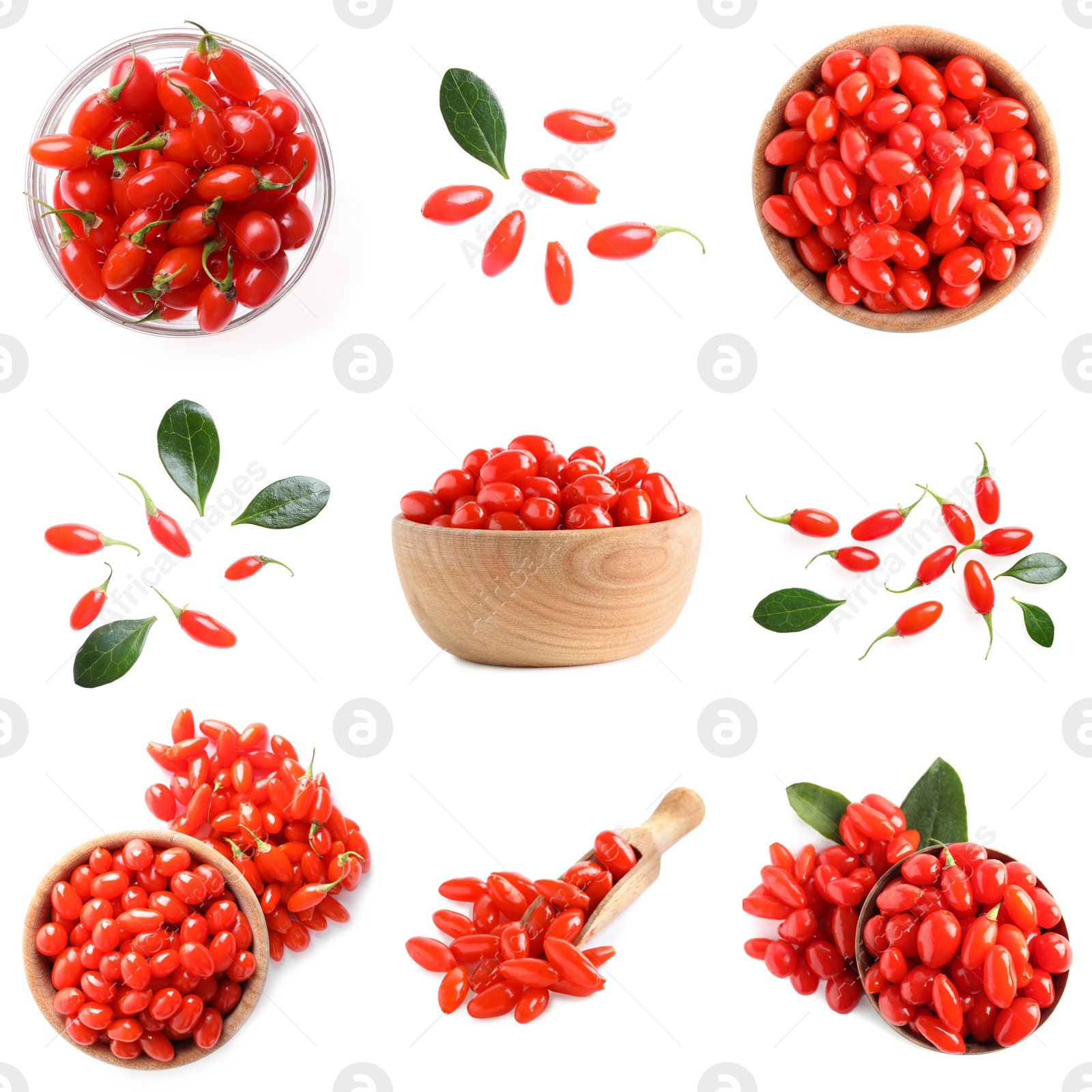 Image of Set of fresh goji berries on white background