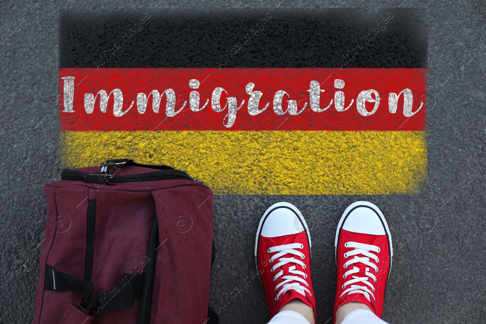 Image of Immigration. Woman with bag standing on asphalt near flag of Germany, top view