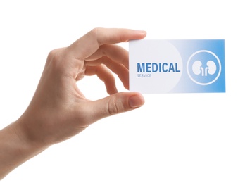 Woman holding medical business card isolated on white, closeup. Nephrology service