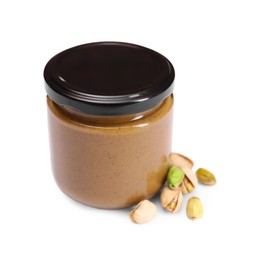 Photo of Tasty nut paste in jar and pistachios isolated on white