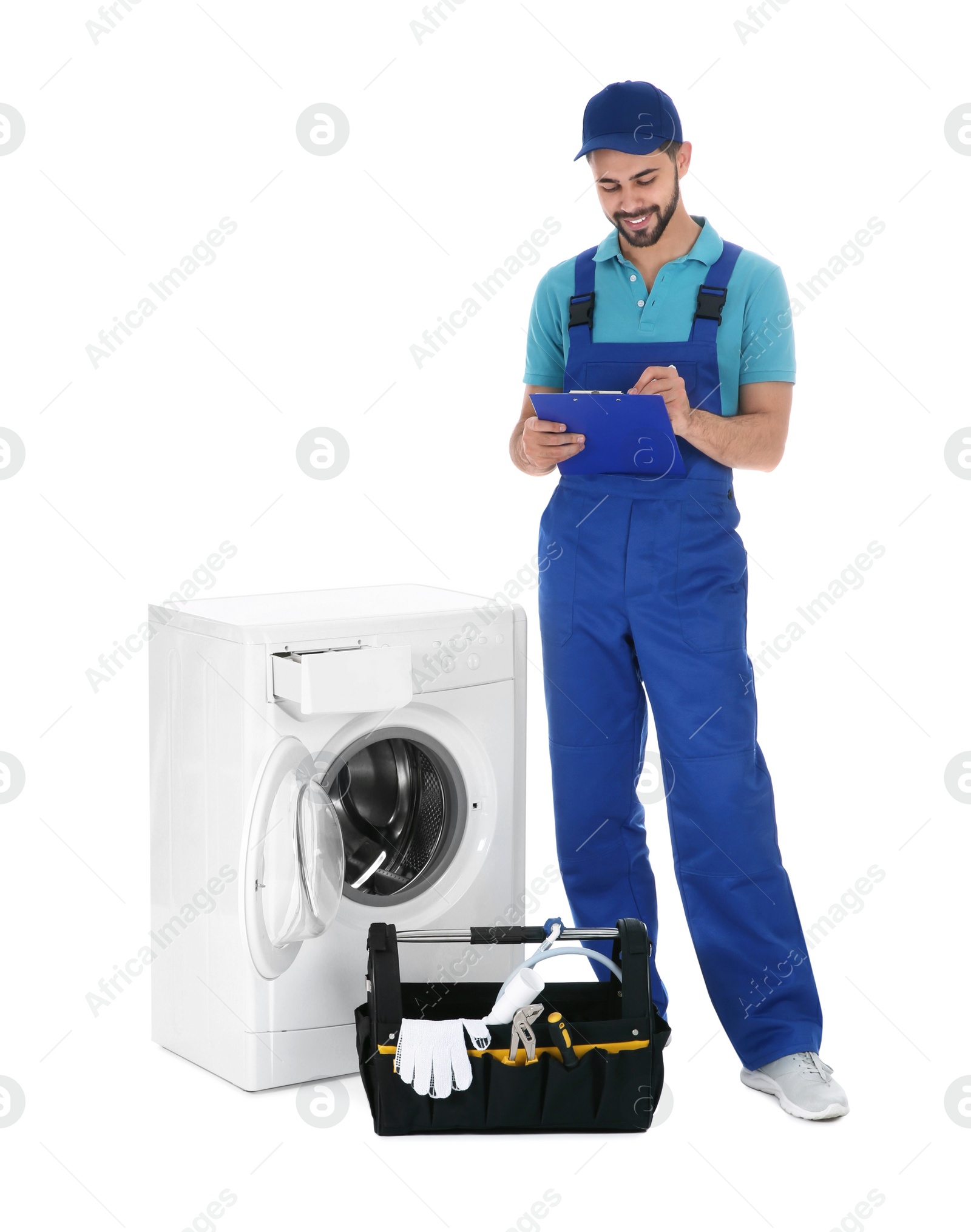 Photo of Repairman with clipboard and toolbox near washing machine on white background