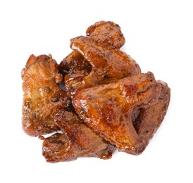 Photo of Chicken wings glazed with soy sauce isolated on white, top view