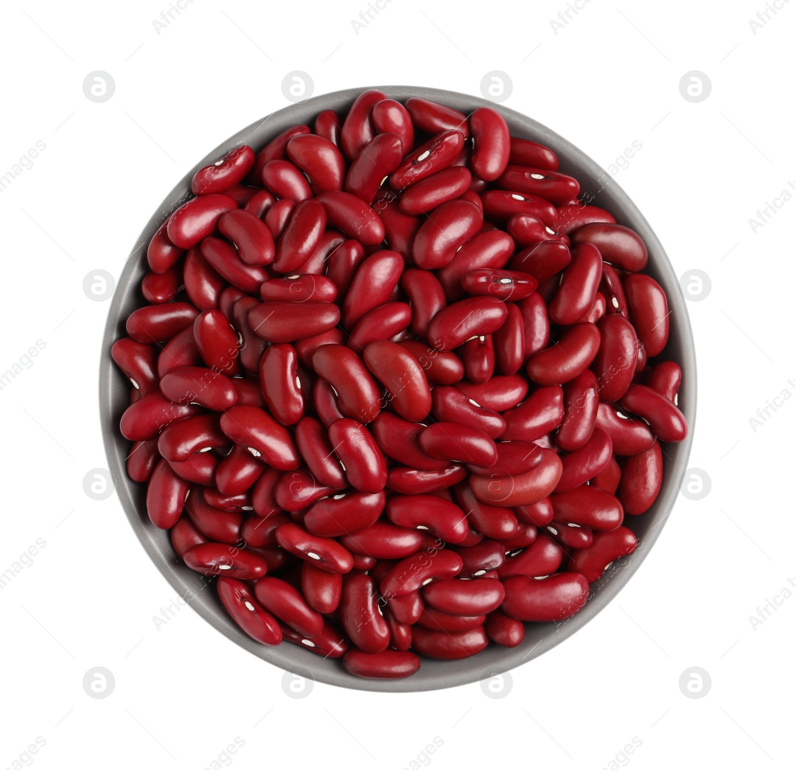 Photo of Bowl of raw red kidney beans isolated on white, top view