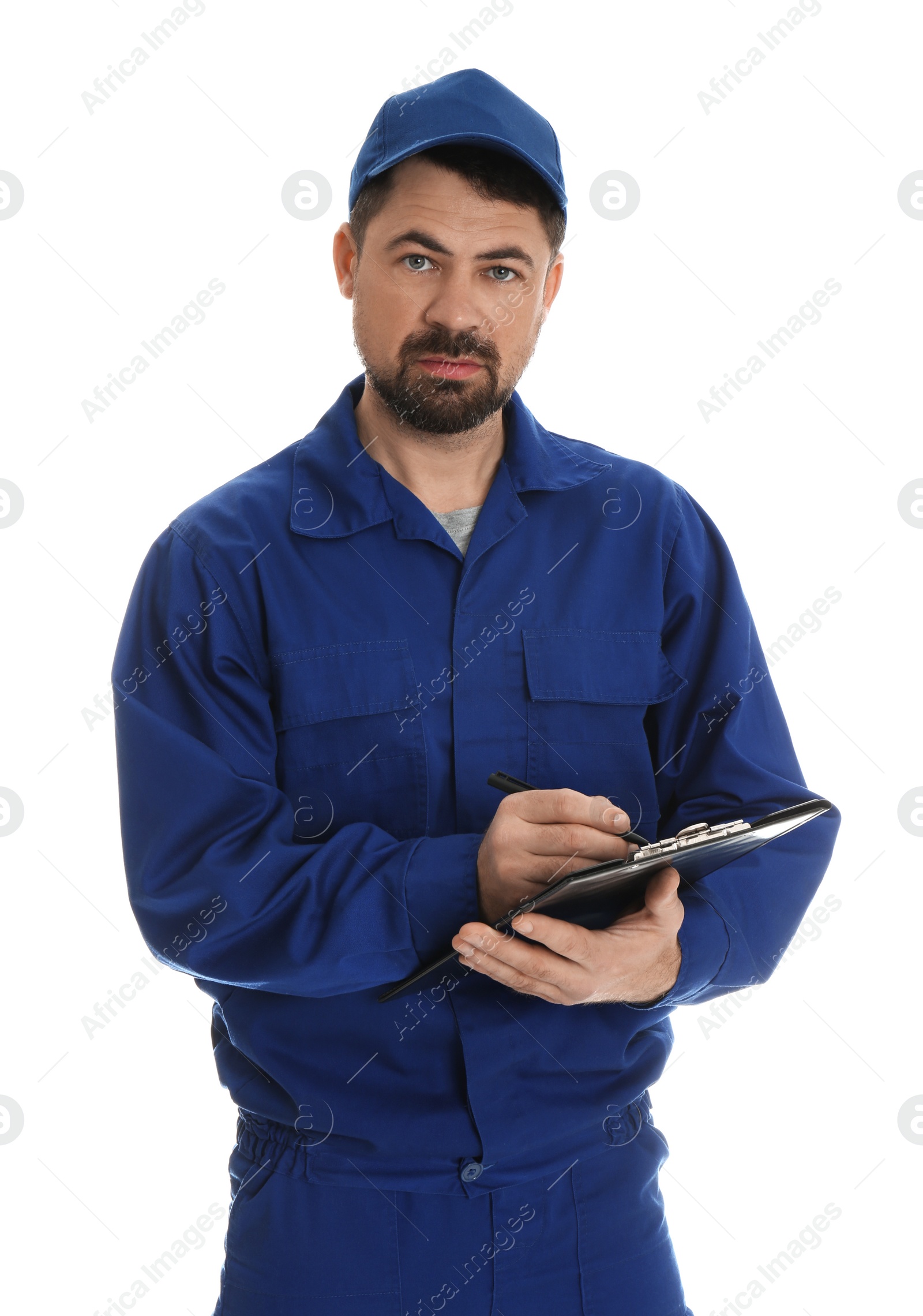 Photo of Portrait of professional auto mechanic with clipboard on white background