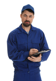 Photo of Portrait of professional auto mechanic with clipboard on white background