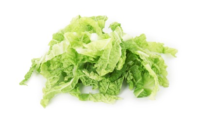 Photo of Pile of shredded fresh Chinese cabbage isolated on white, above view