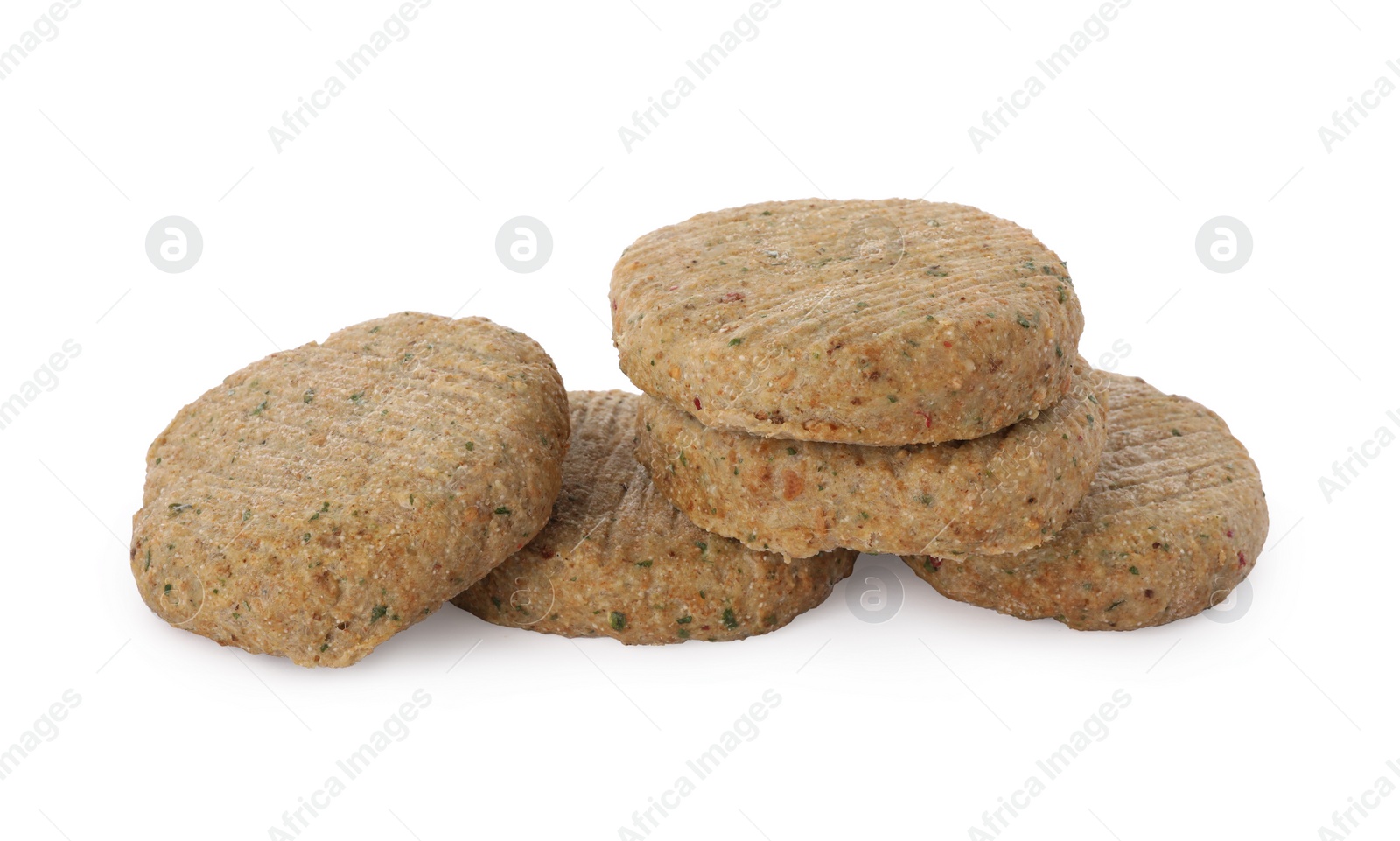 Photo of Raw vegan cutlets with breadcrumbs isolated on white