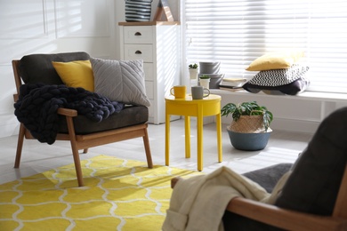 Armchair with pillows and plaid in living room. Interior design