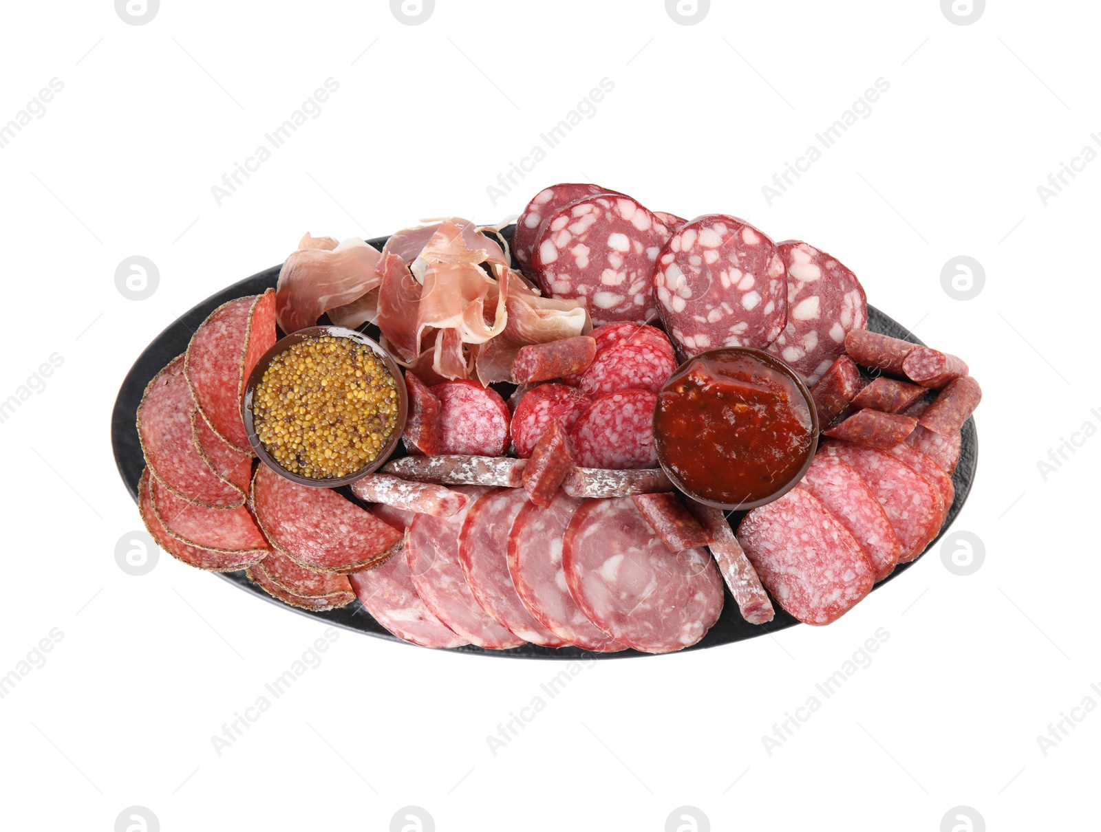 Photo of Slices of different sausages with sauce isolated on white, top view