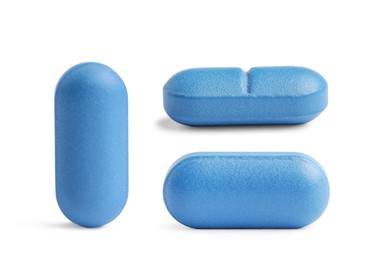 Image of Blue pill isolated on white, different sides