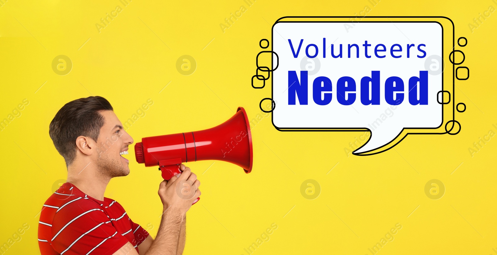Image of Young man with megaphone and text VOLUNTEERS NEEDED on yellow background
