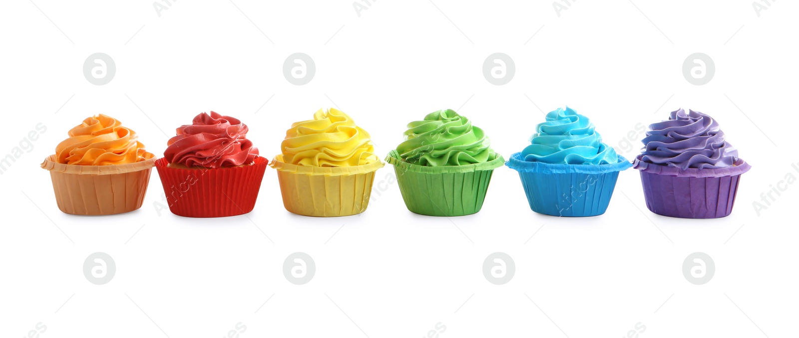 Photo of Tasty cupcakes with bright cream isolated on white