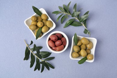 Different fresh olives and leaves on violet background, flat lay