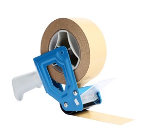 Photo of Dispenser with roll of adhesive tape isolated on white