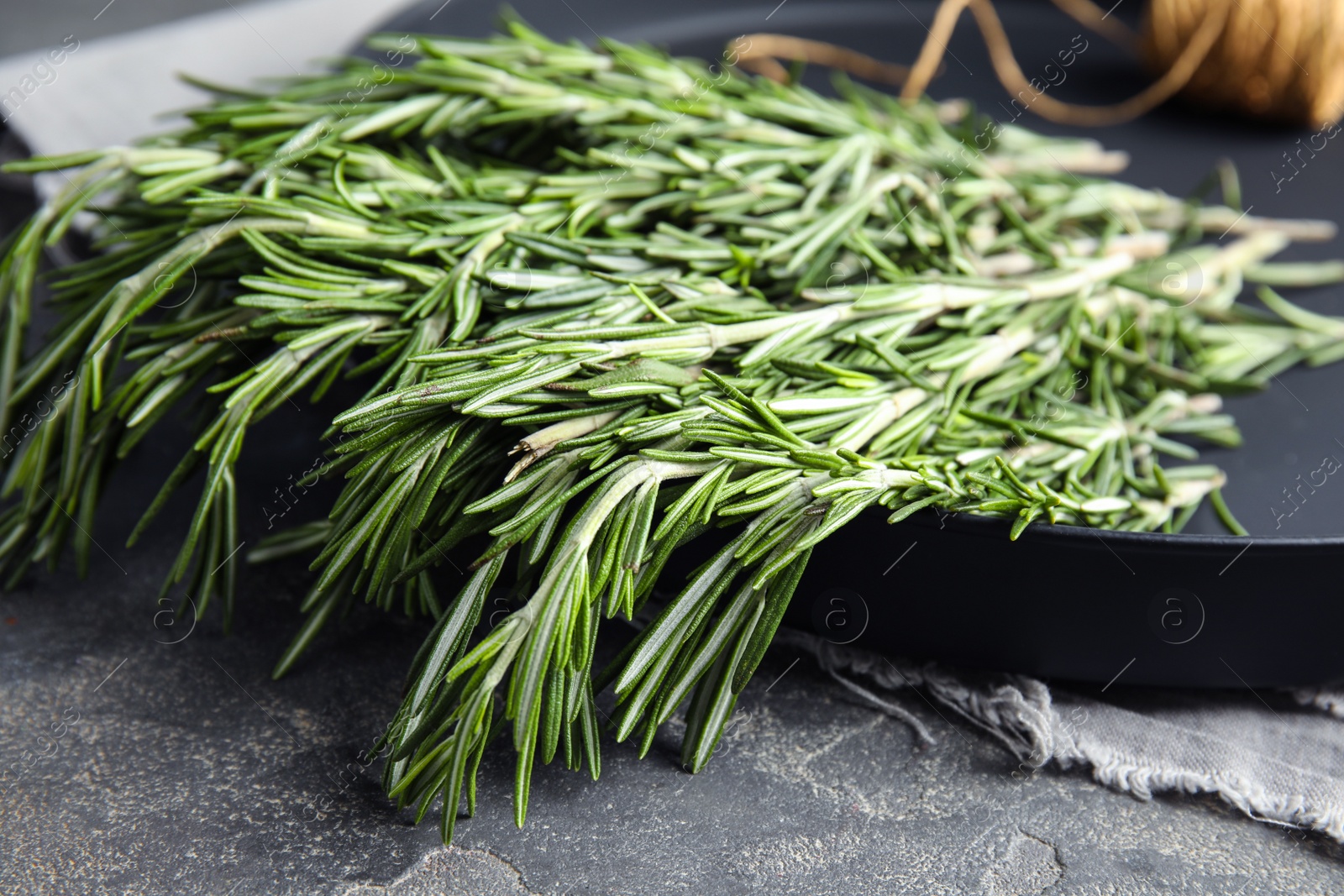 Photo of Plate with fresh rosemary twigs on table, closeup