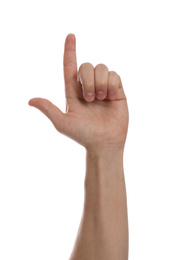 Photo of Man pointing at something against white background, closeup of hand