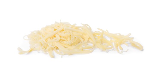 Photo of Pile of tasty grated cheese isolated on white