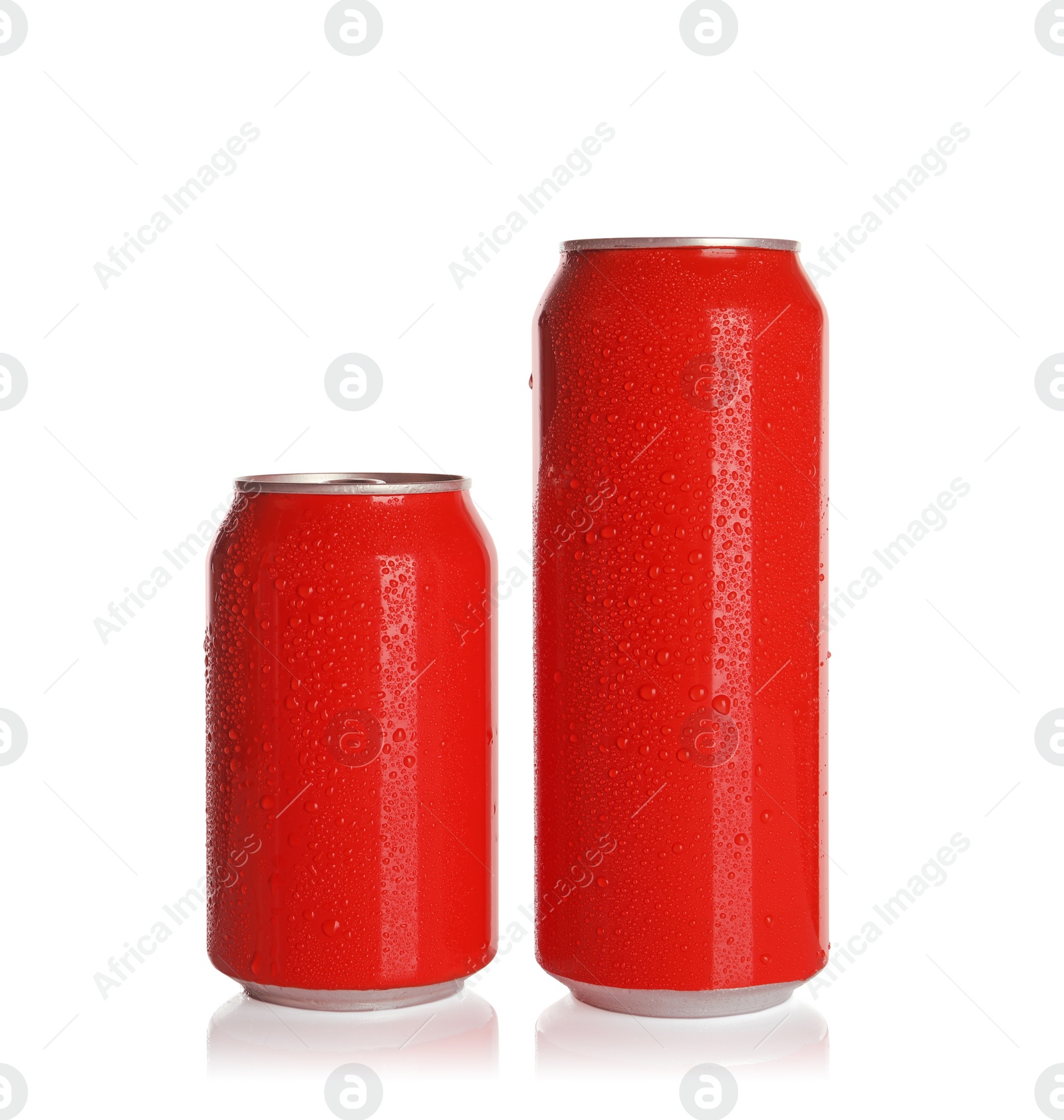 Photo of Aluminum cans with drinks on white background