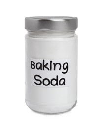 Photo of Closed jar of baking soda isolated on white