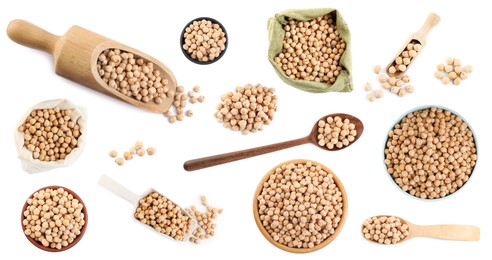 Set with raw chickpeas on white background, top view. Banner design