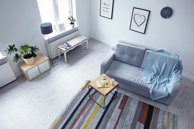 Modern living room interior, view through CCTV camera