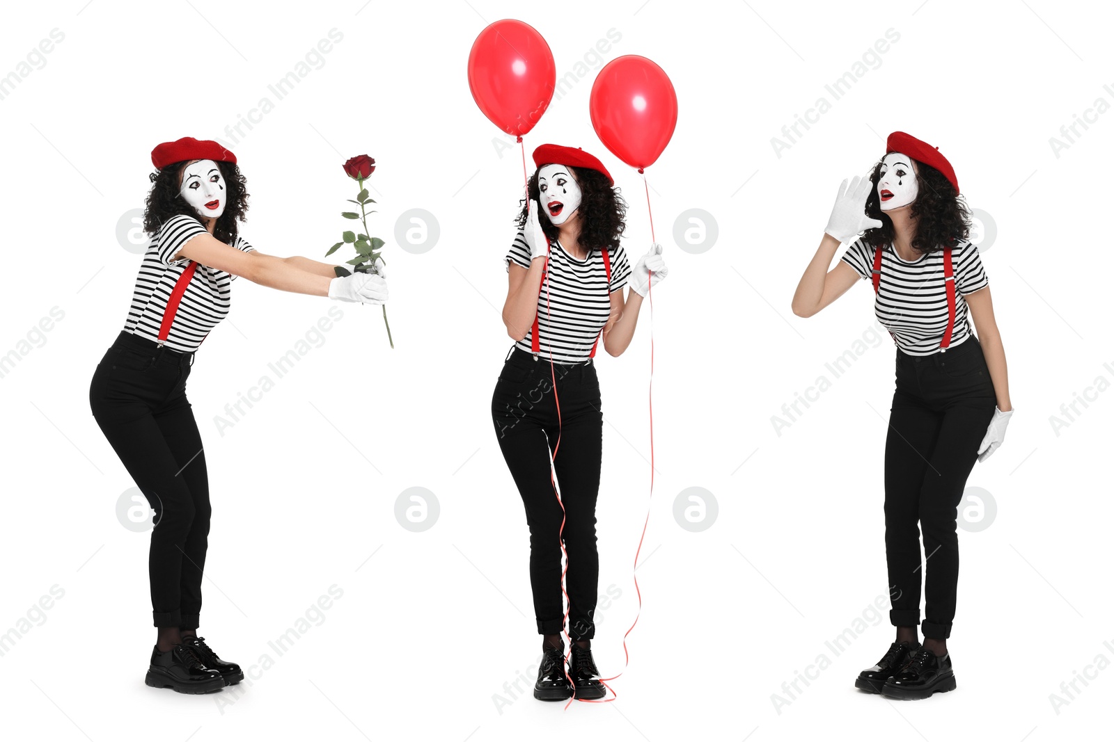 Image of Funny mime posing on white background, set of photos