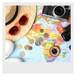 Paper photo. Flat lay composition with different travel accessories on world map 