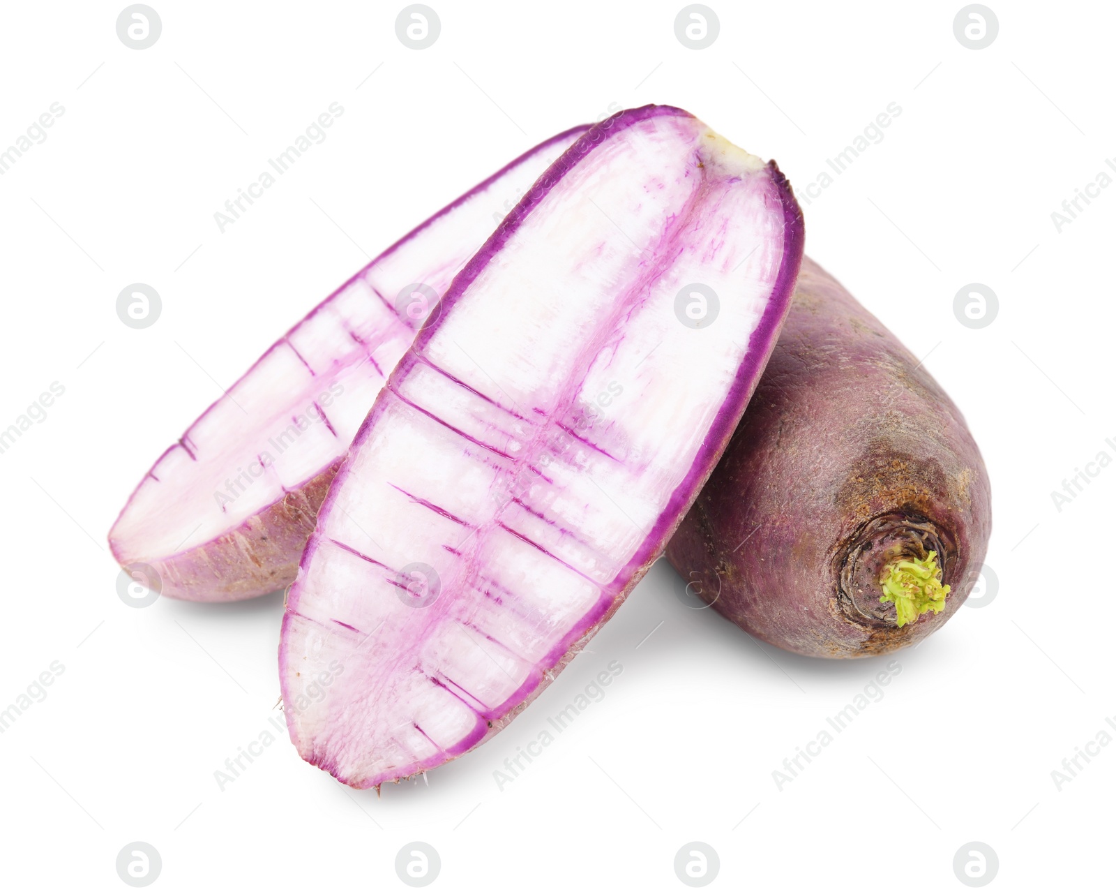 Photo of Ripe purple daikon radishes isolated on white