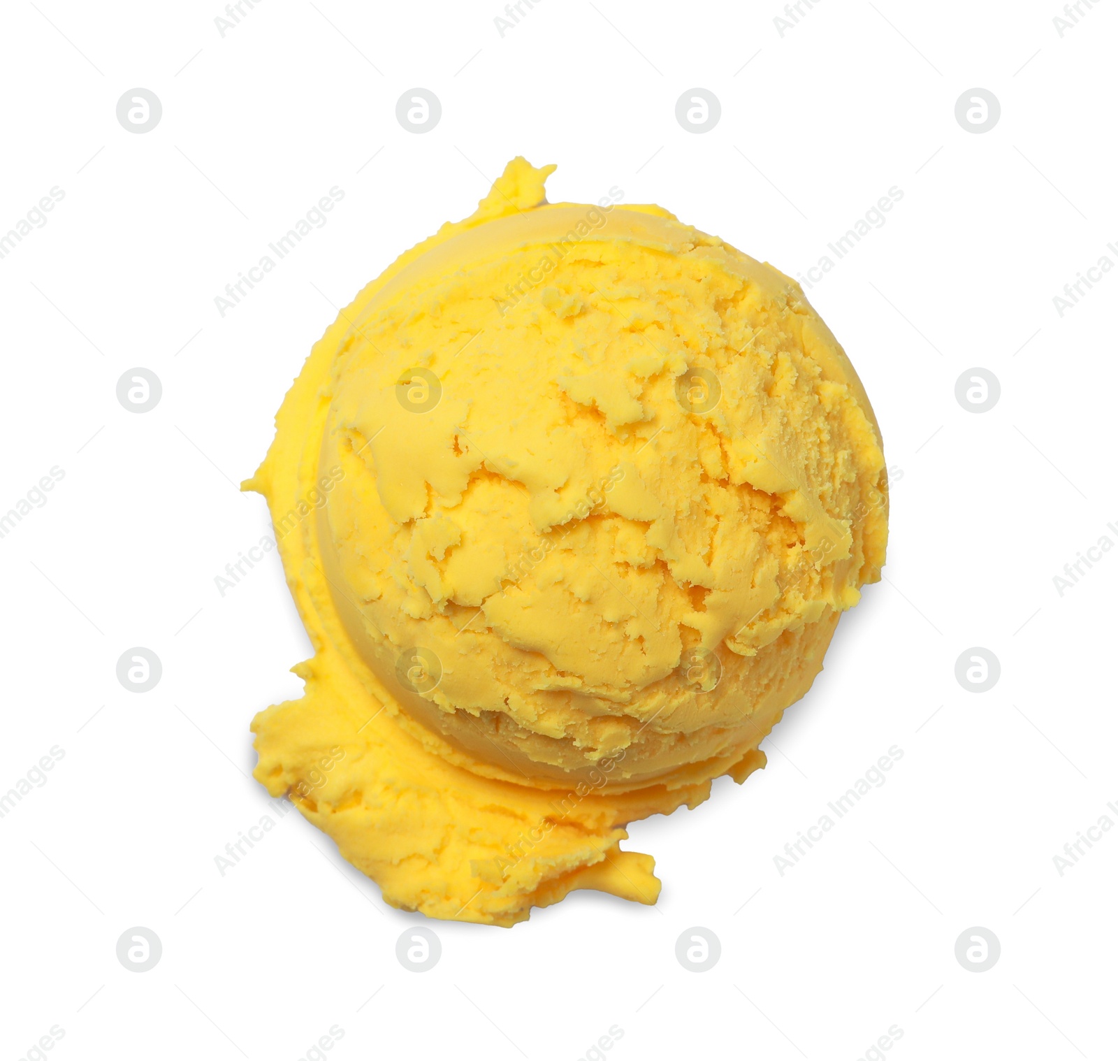 Photo of Scoop of tasty yellow ice cream isolated on white, top view