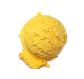 Photo of Scoop of tasty yellow ice cream isolated on white, top view