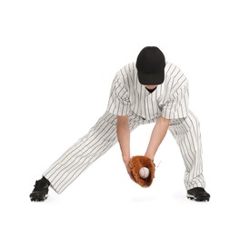 Photo of Baseball player with glove and ball on white background