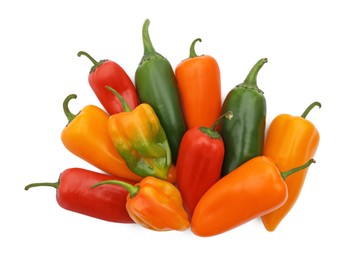 Different hot chili peppers isolated on white, top view