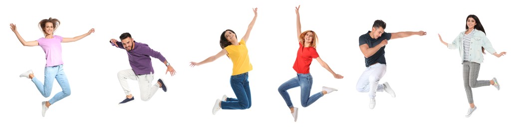 Image of People jumping on white background, collage with photos