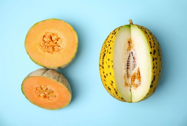 Tasty colorful ripe melons on light blue background, flat lay