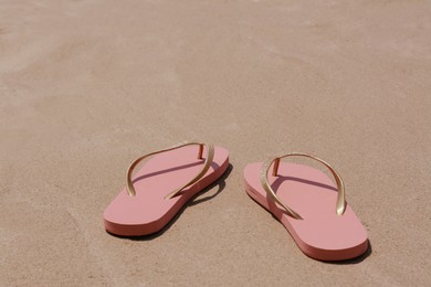 Photo of Stylish pink flip flops on wet sand. Space for text