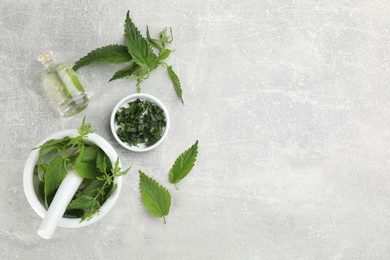 Photo of Stinging nettle and extract on grey background, flat lay with space for text. Natural hair care